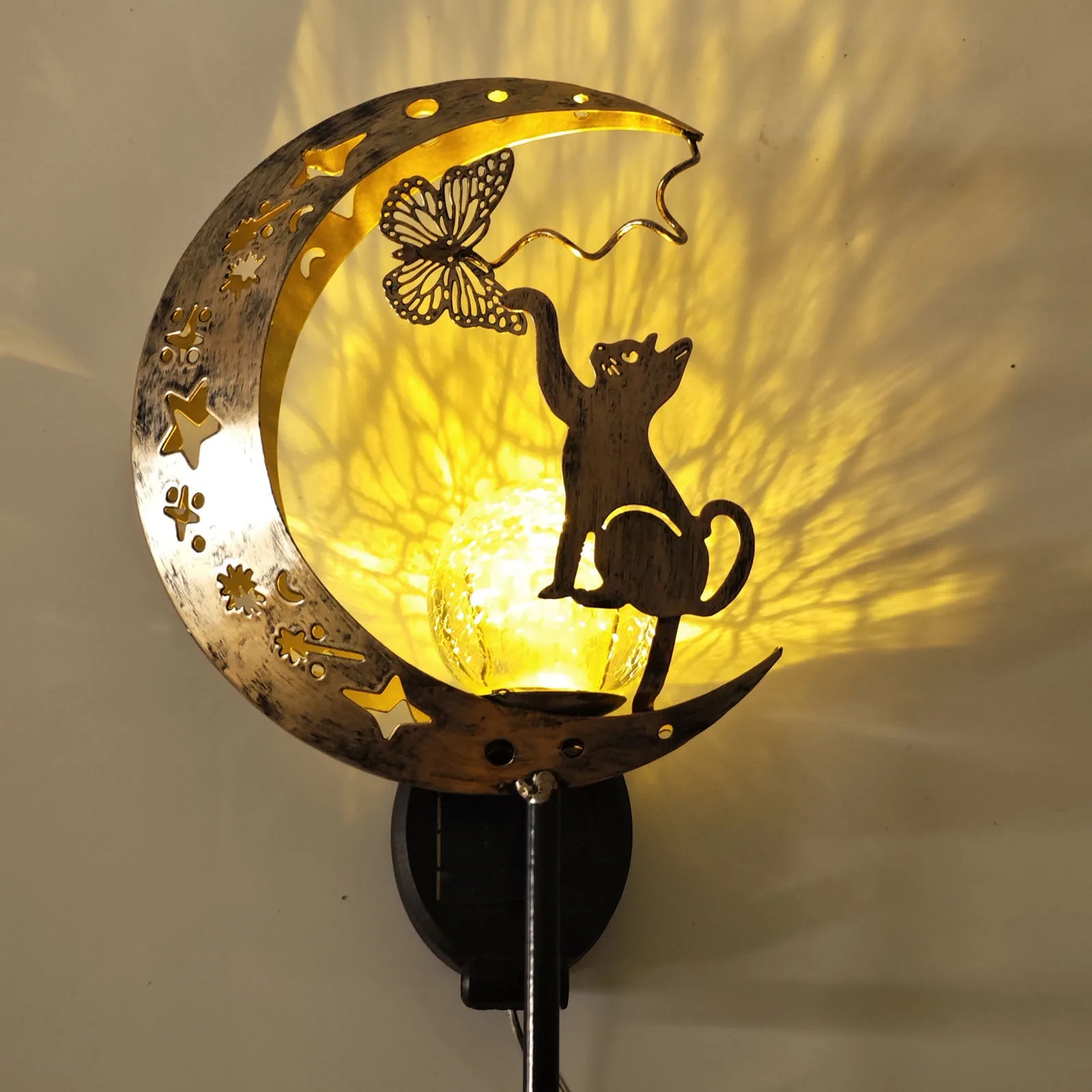 1 PC Cat Moon-Shaped Iron Solar Lamp Outdoor Garden Decorative Lighting Automatic Sensor Solar Powered