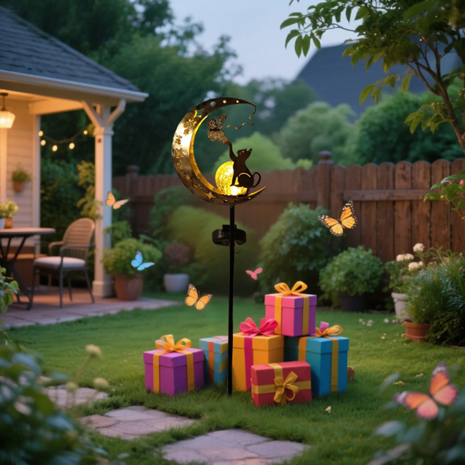 1 PC Cat Moon-Shaped Iron Solar Lamp Outdoor Garden Decorative Lighting Automatic Sensor Solar Powered