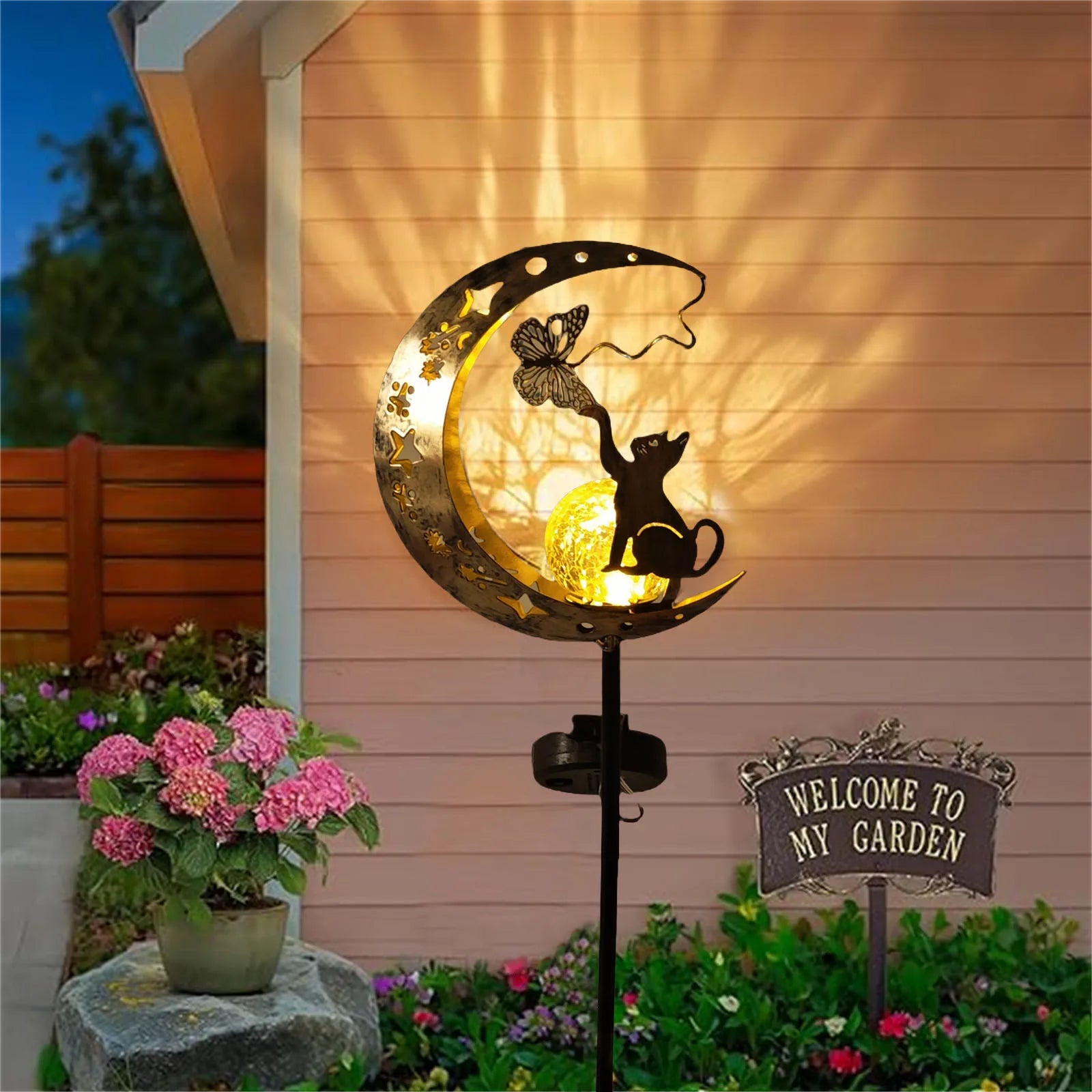 1 PC Cat Moon-Shaped Iron Solar Lamp Outdoor Garden Decorative Lighting Automatic Sensor Solar Powered
