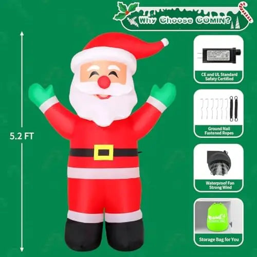 COMIN 5.2 FT Tall Christmas Inflatables Outdoor & Indoor Yard Lawn Garden Decorations Blow Waving Santa Claus with Built-in LEDs