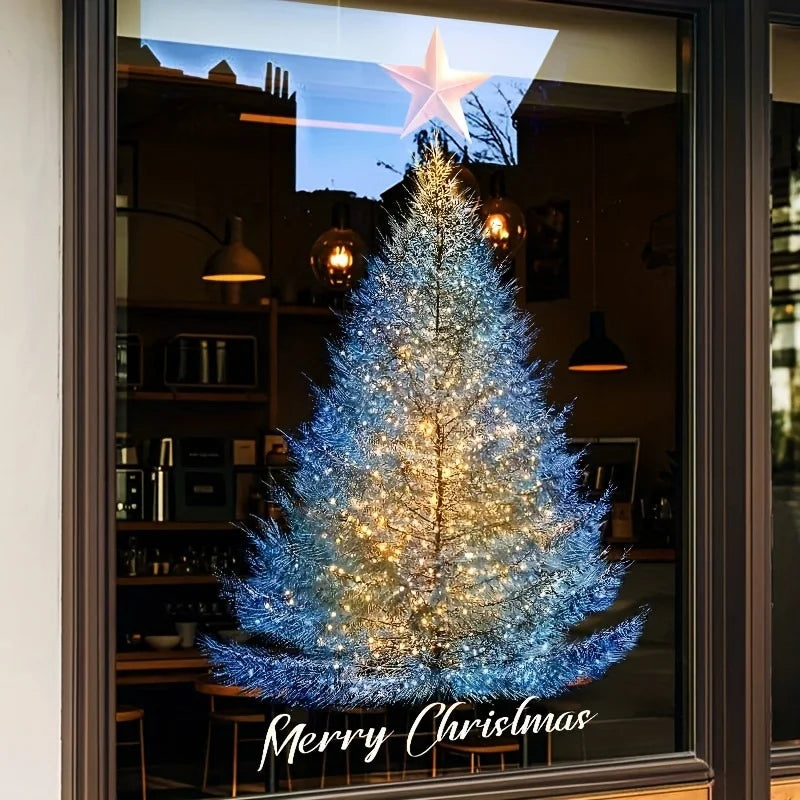 Big Size Christmas Tree Glass Window Stickers Blue Pine Needle Xmas Tree Electrostatic Decals Store Window Display Decoration