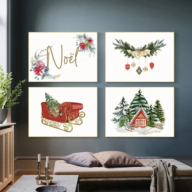 Christmas Blessings Rattan Wreaths Christmas Tree Poster Print Canvas Painting Holiday Wall Art Pictures Home Room Decor