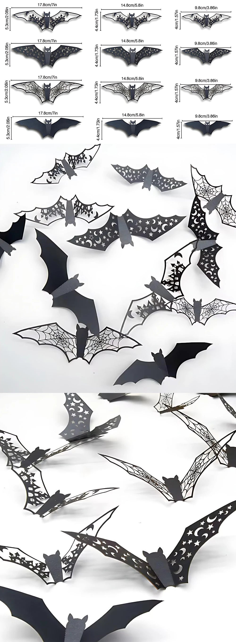 12PCS 3D Bat Wall Stickers Various Size Black Hollow Out Bat Shaped Display Sticker Halloween Festive Atmosphere Decoration ZYF