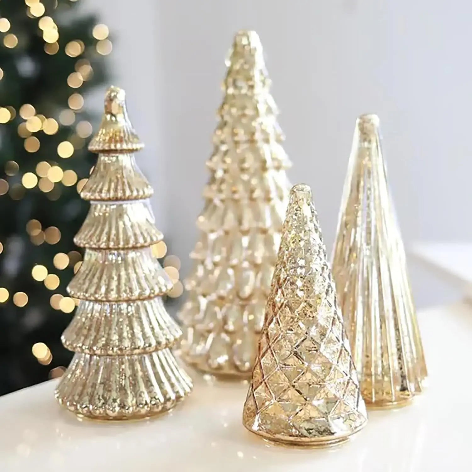 Set of 5 3D Printing Illuminated Trees, Upgrade Christmas Trees LED, Gold Tree Figurine for Home Party Mantel Decor Xmas Gift