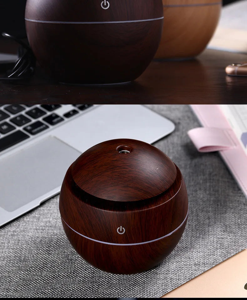200ml USB Small Ball 7 Colorful Light Bass Noise Reduction Mushroom Humidifier Mini Wood Grain Round Hollow Aroma Diffuser