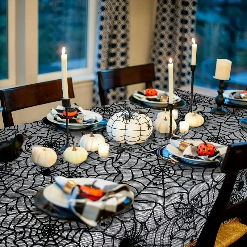Black Lace Spider Web Tablecloth - Halloween Decoration,Suitable for Fireplace,Fireplace Rack,Kitchen,and Party Table Decoration