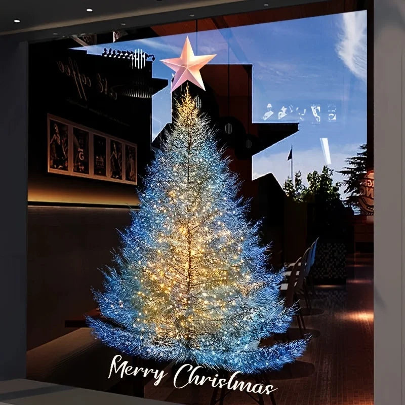 Big Size Christmas Tree Glass Window Stickers Blue Pine Needle Xmas Tree Electrostatic Decals Store Window Display Decoration