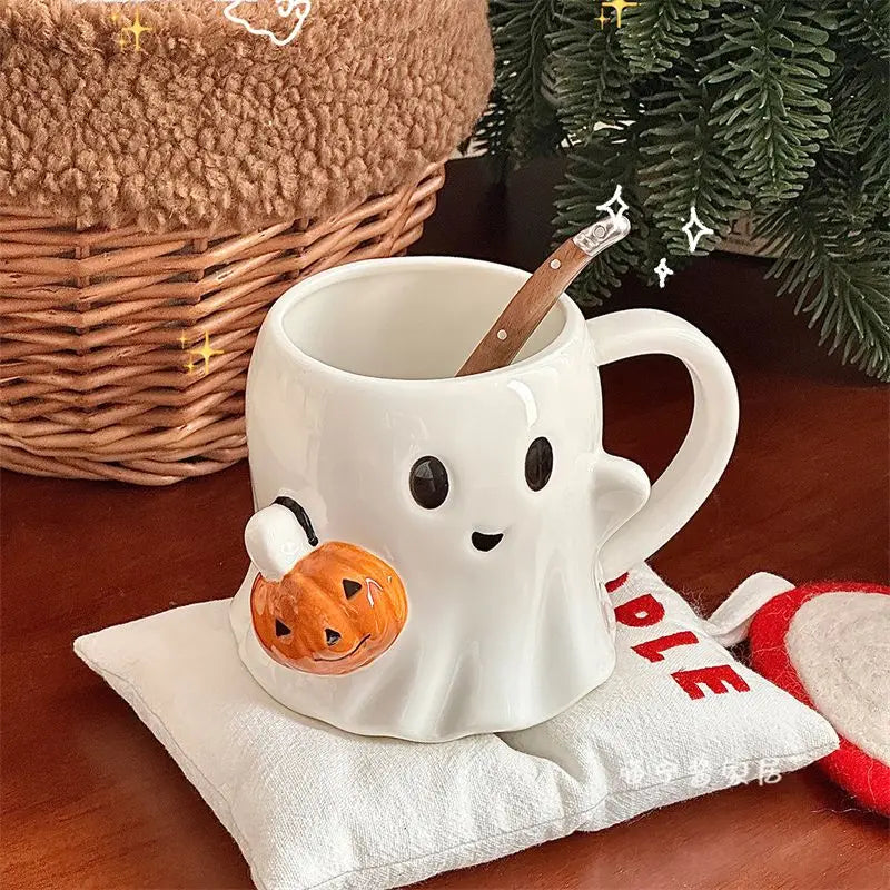 Cute Ghost Water Cup，Creative Pumpkin Ghost Ceramic Mug Afternoon Tea Coffee Cup，Milk Mug Household Drinking Set Halloween Gift