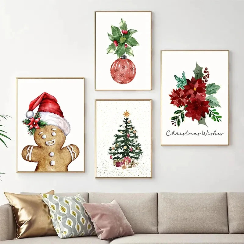 Christmas Blessings Rattan Wreaths Christmas Tree Poster Print Canvas Painting Holiday Wall Art Pictures Home Room Decor