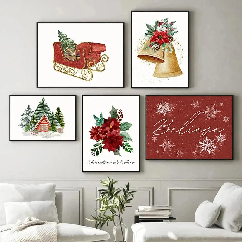 Christmas Blessings Rattan Wreaths Christmas Tree Poster Print Canvas Painting Holiday Wall Art Pictures Home Room Decor