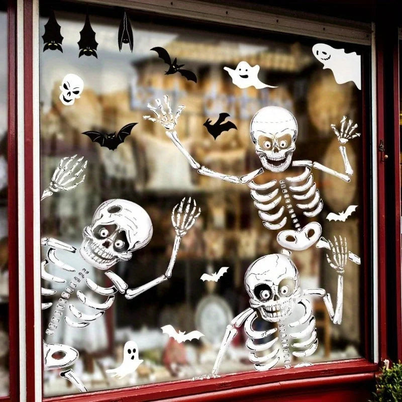 4-Pack Halloween Skeleton Window Clings - PVC Static Sticker Decal for Halloween Party Decoration Reusable Window and Wall Decor