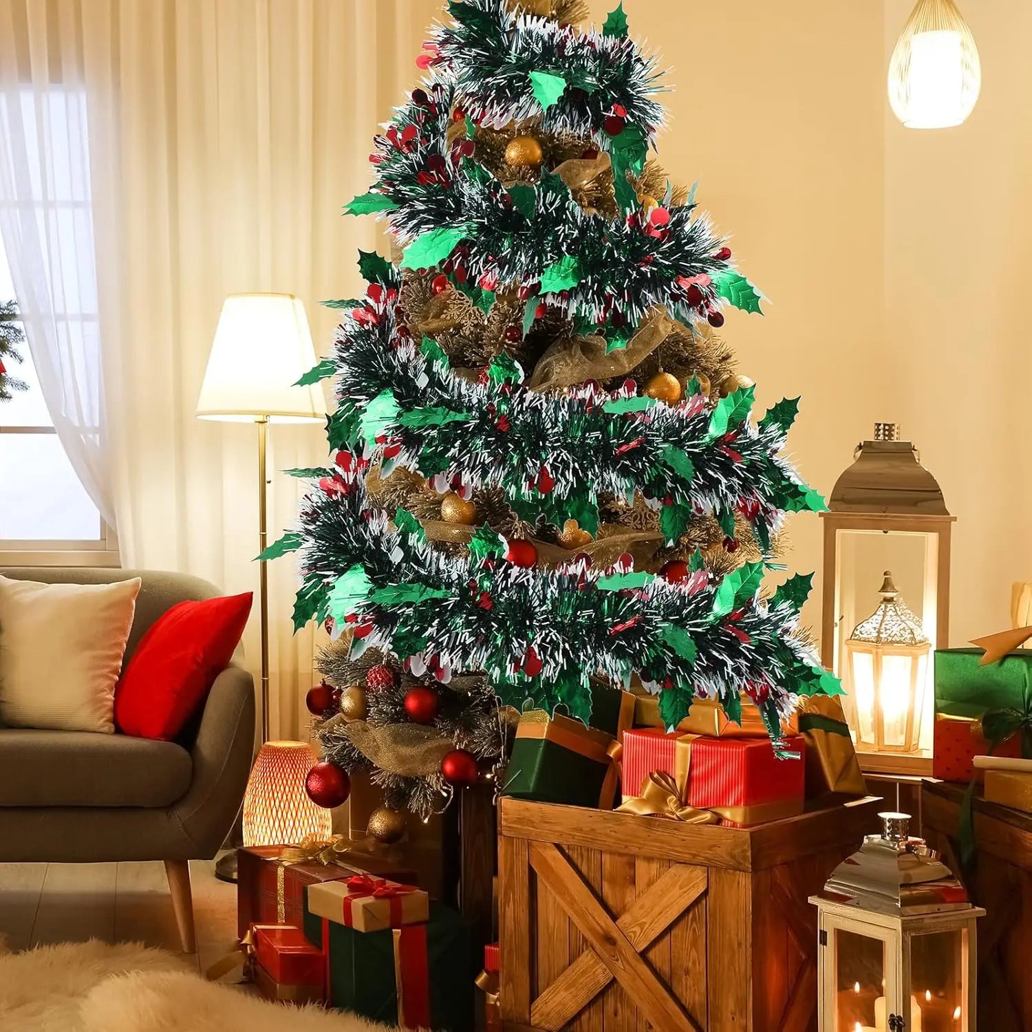 Christmas Tinsel Garland Shiny Metallic Tinsel Twist Garland Ornaments Long Glitter Christmas Tree Hanging Decor for Party Tree