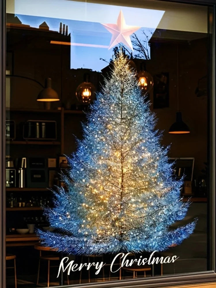 Big Size Christmas Tree Glass Window Stickers Blue Pine Needle Xmas Tree Electrostatic Decals Store Window Display Decoration