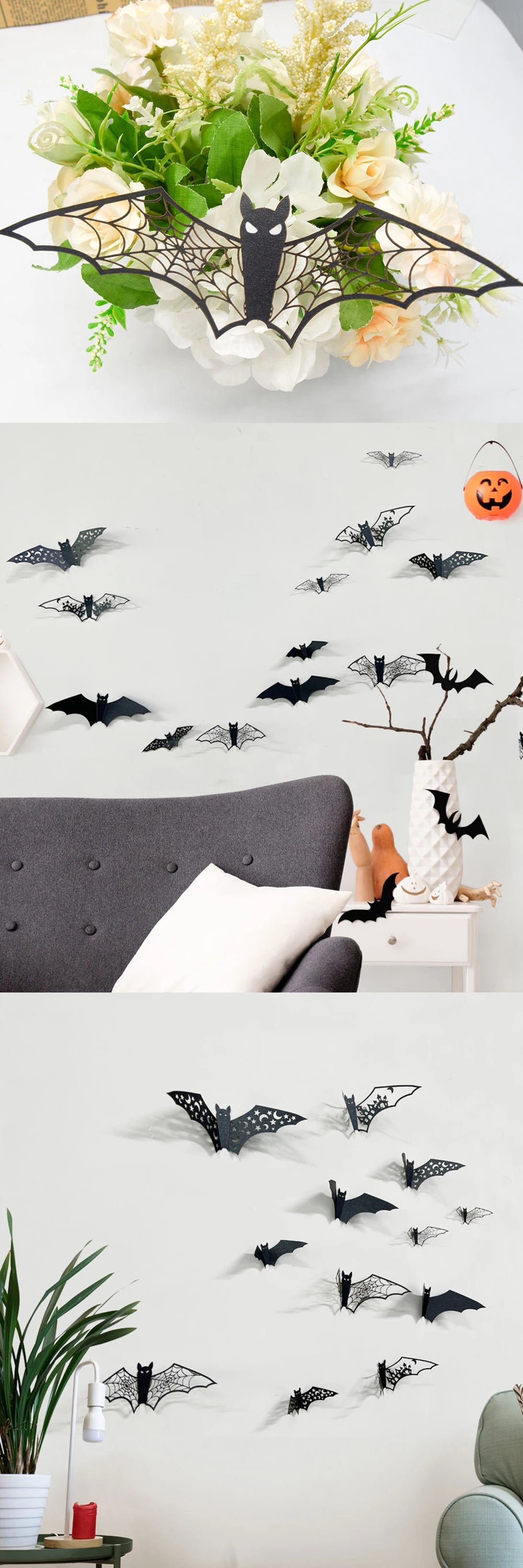 12PCS 3D Bat Wall Stickers Various Size Black Hollow Out Bat Shaped Display Sticker Halloween Festive Atmosphere Decoration ZYF