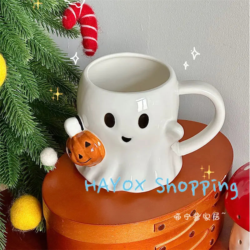 Cute Ghost Water Cup，Creative Pumpkin Ghost Ceramic Mug Afternoon Tea Coffee Cup，Milk Mug Household Drinking Set Halloween Gift