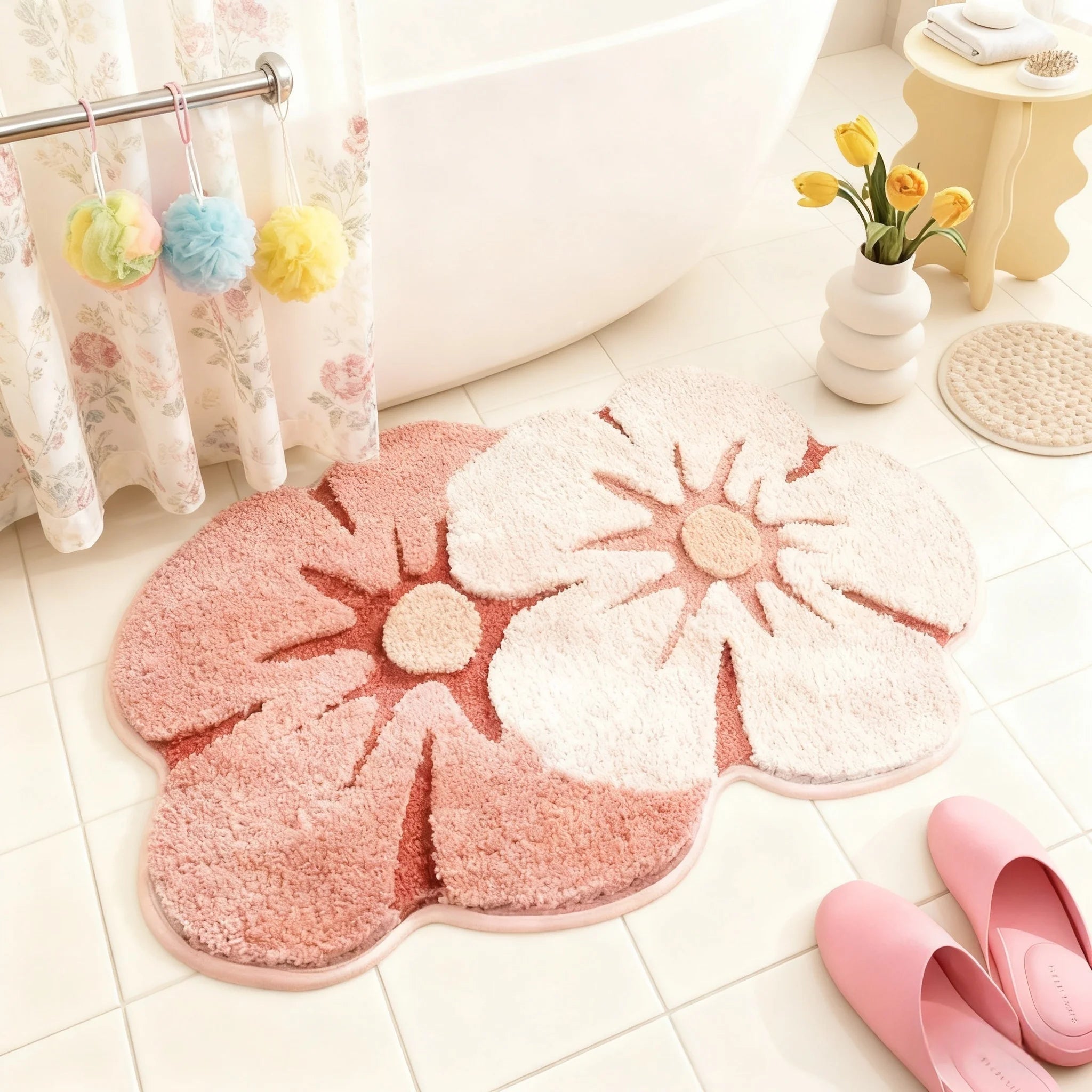 Bathroom Floor Mat Two Color Flower Pattern Premium Soft and Comfortable Bathtub Rug Suitable for Bathroom Bathtub Laundry Room
