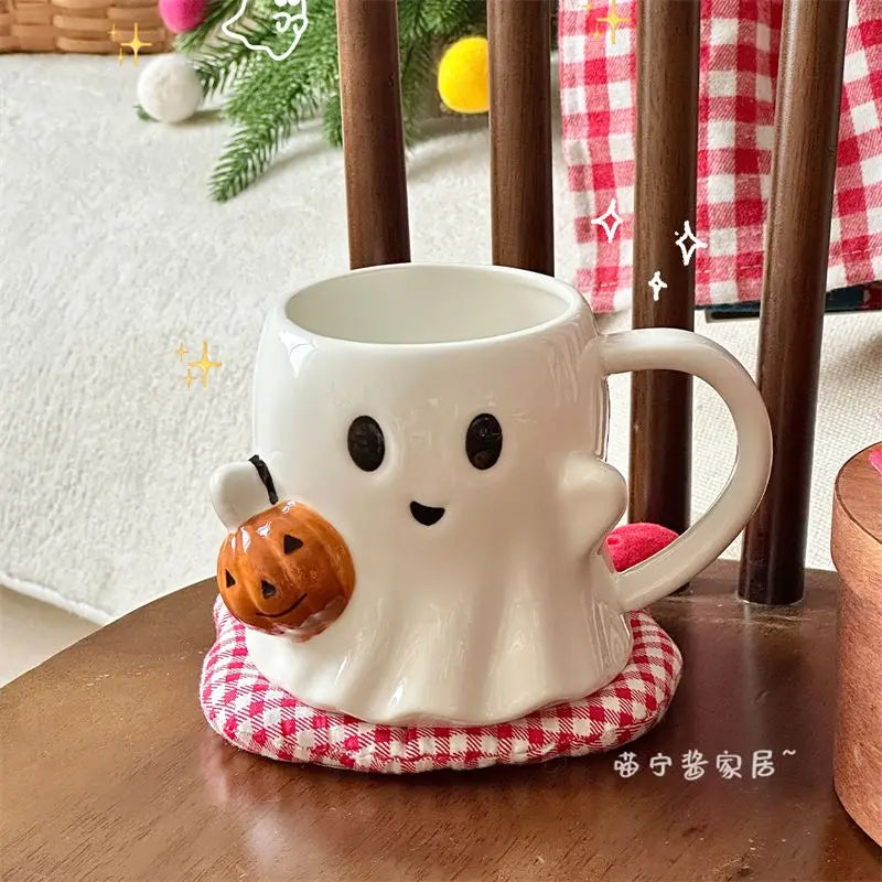 Cute Ghost Water Cup，Creative Pumpkin Ghost Ceramic Mug Afternoon Tea Coffee Cup，Milk Mug Household Drinking Set Halloween Gift