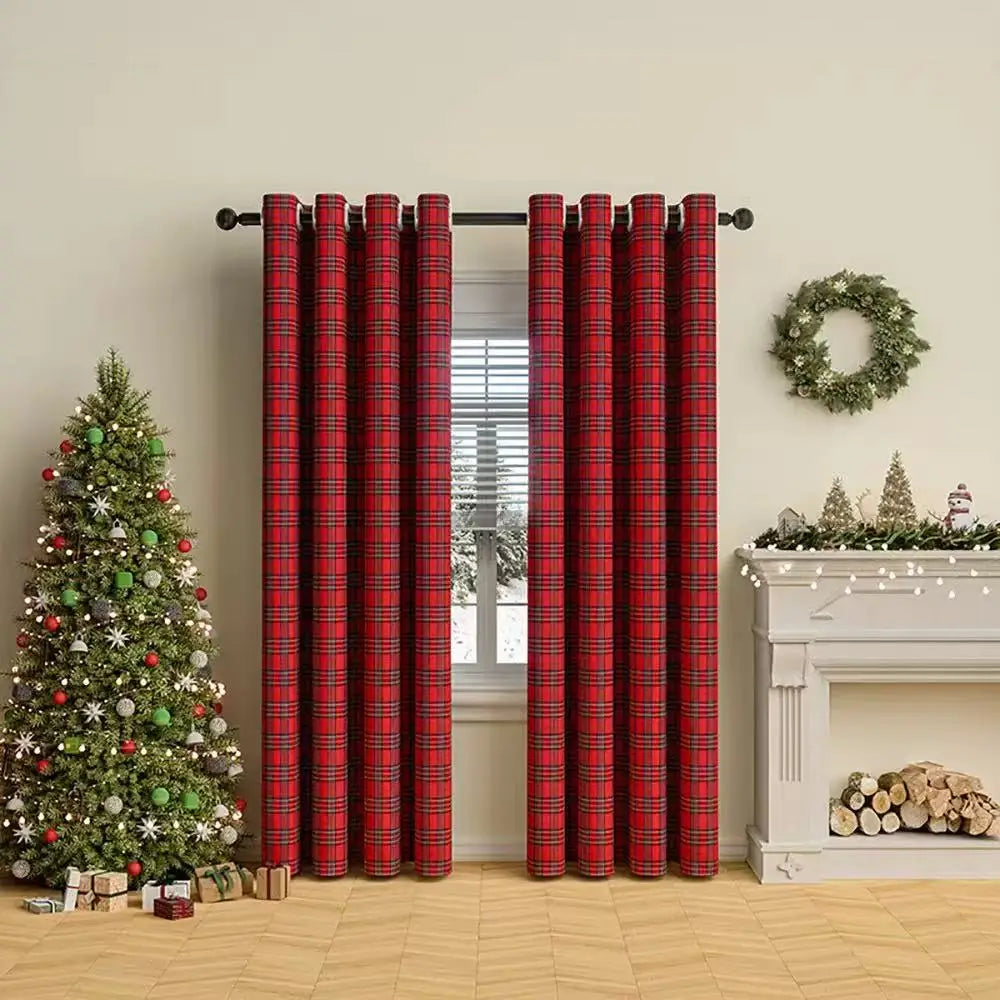1pc Christmas Red Plaid Curtain Festive Window Decor for Holiday Kitchen Dining Room Dropshipping