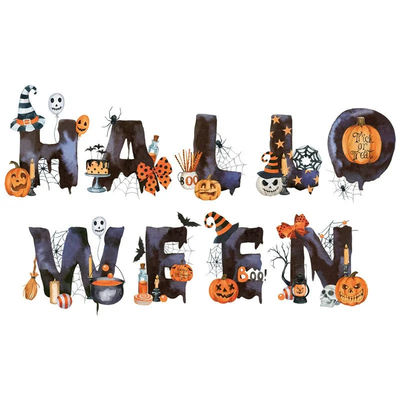 Halloween Letters Wall Stickers Self-adhesive PVC Pumpkin Head Happy Halloween Pattern Wall Decals for Home Festival Decoration