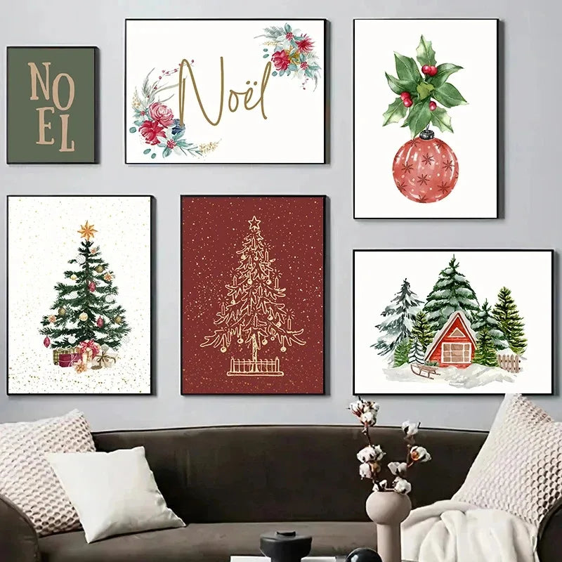 Christmas Blessings Rattan Wreaths Christmas Tree Poster Print Canvas Painting Holiday Wall Art Pictures Home Room Decor