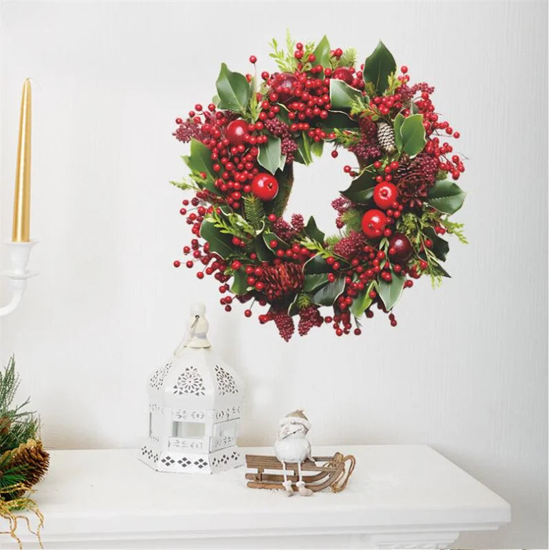 Merry Christmas Wreath Wall Stickers Self-adhesive PVC Red Berry Garland Wallpaper for Home Room 2025 Happy New Year Wall Decor