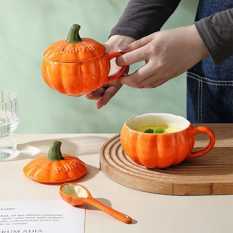 Pumpkin Mug Ceramic Cup with Spoon Halloween Creative with Handle Scalding-proof Cute Style Breakfast Milk Cups Coffee Mug
