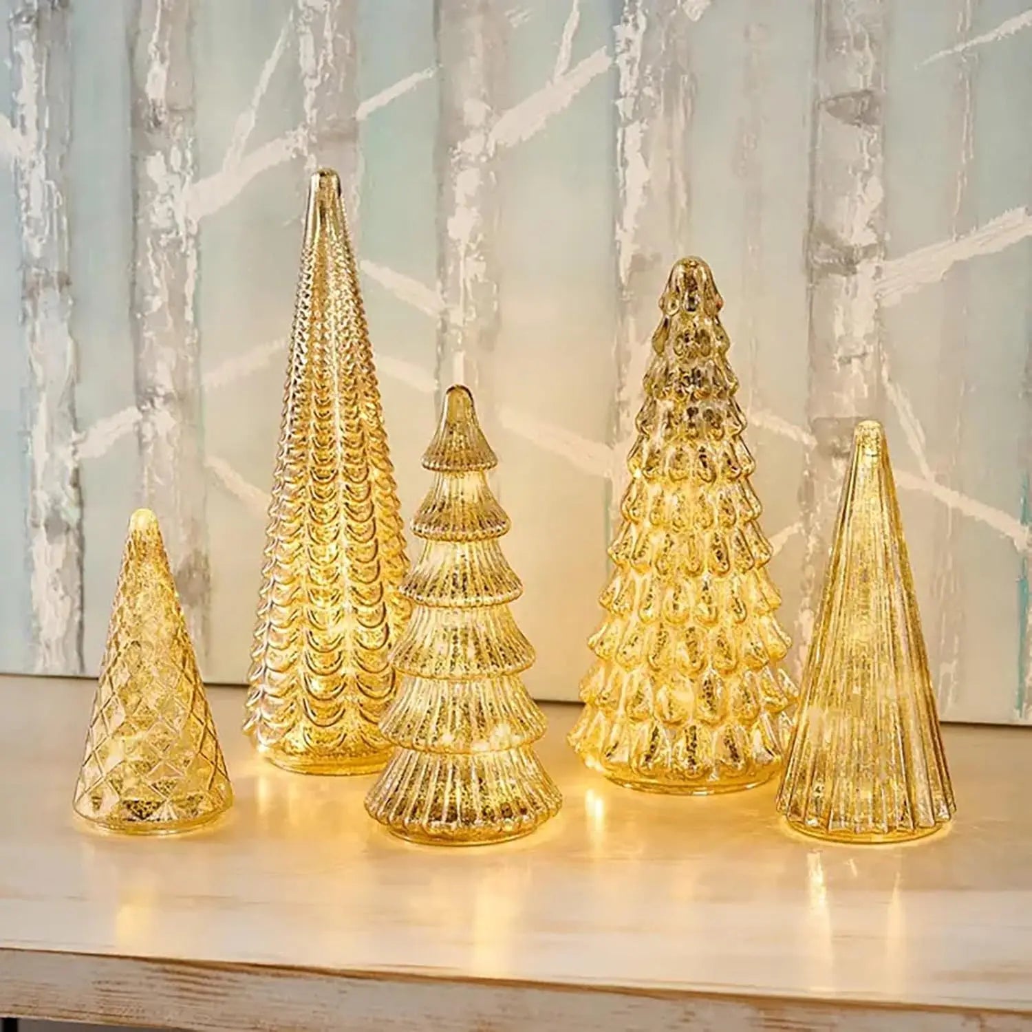 Set of 5 3D Printing Illuminated Trees, Upgrade Christmas Trees LED, Gold Tree Figurine for Home Party Mantel Decor Xmas Gift