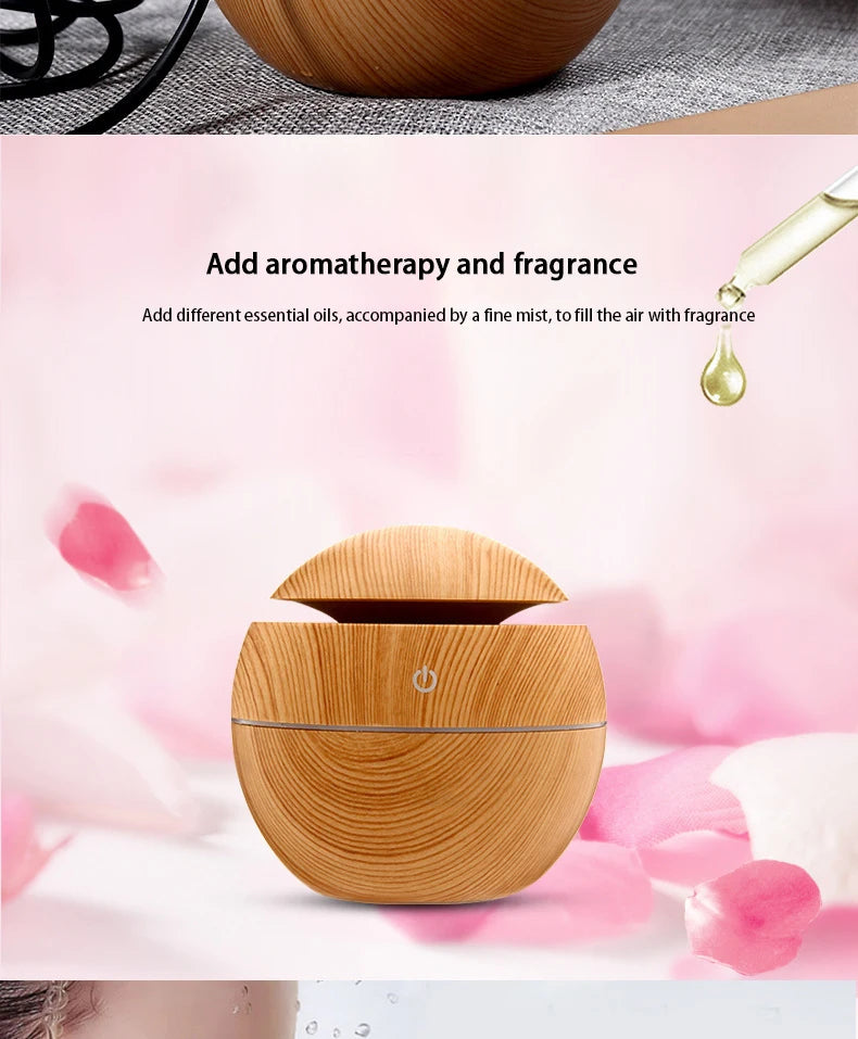 200ml USB Small Ball 7 Colorful Light Bass Noise Reduction Mushroom Humidifier Mini Wood Grain Round Hollow Aroma Diffuser