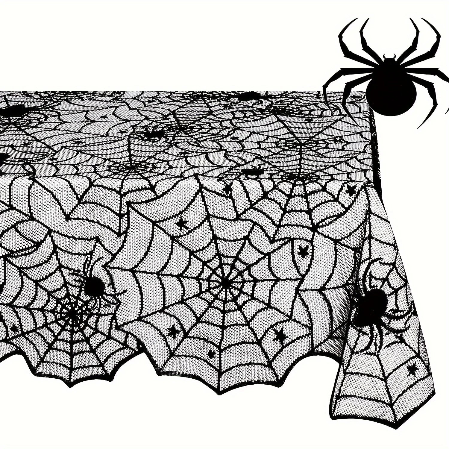 Halloween Spiderweb Tablecloth Black Lace Cobweb Decor with Spiders for Fireplace Mantle Kitchen Party Table Decorations