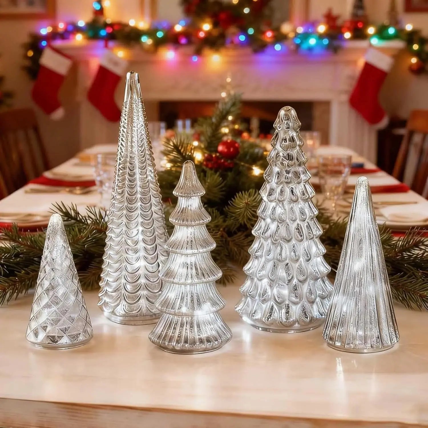 Set of 5 3D Printing Illuminated Trees, Upgrade Christmas Trees LED, Gold Tree Figurine for Home Party Mantel Decor Xmas Gift