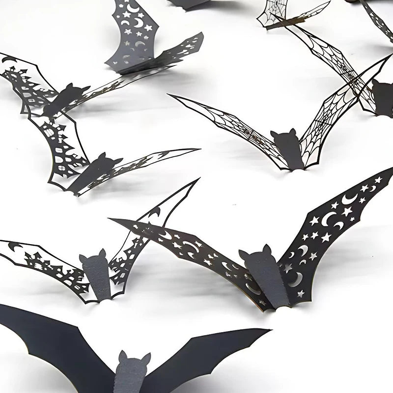 12PCS 3D Bat Wall Stickers Various Size Black Hollow Out Bat Shaped Display Sticker Halloween Festive Atmosphere Decoration ZYF