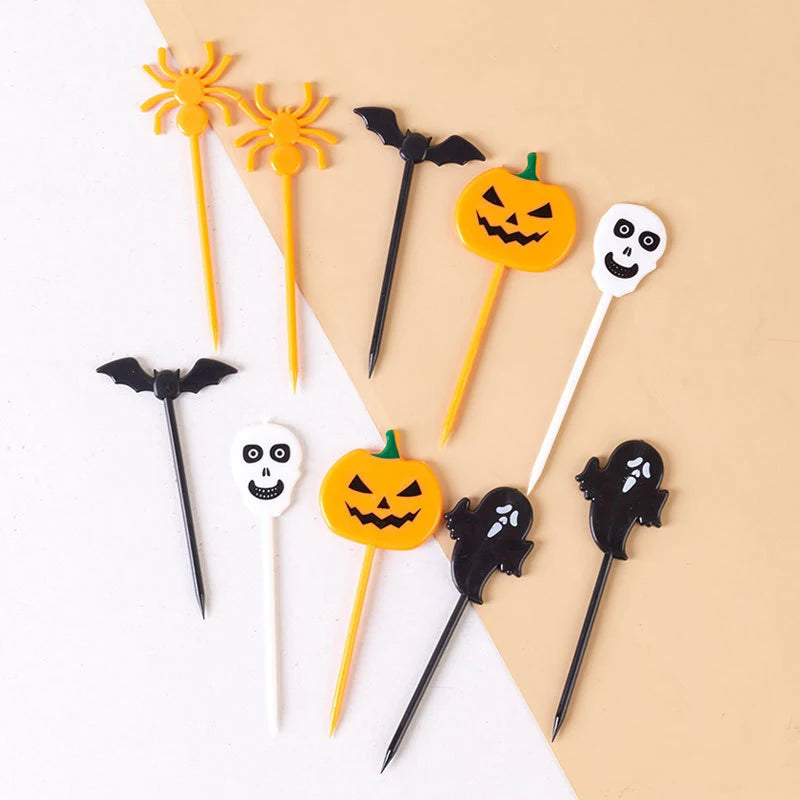 10pcs Halloween Fruit Fork Cartoon Children Cake Dessert Pick Toothpick Lunch Pick Food Fork Bento Party Decoration Random Style