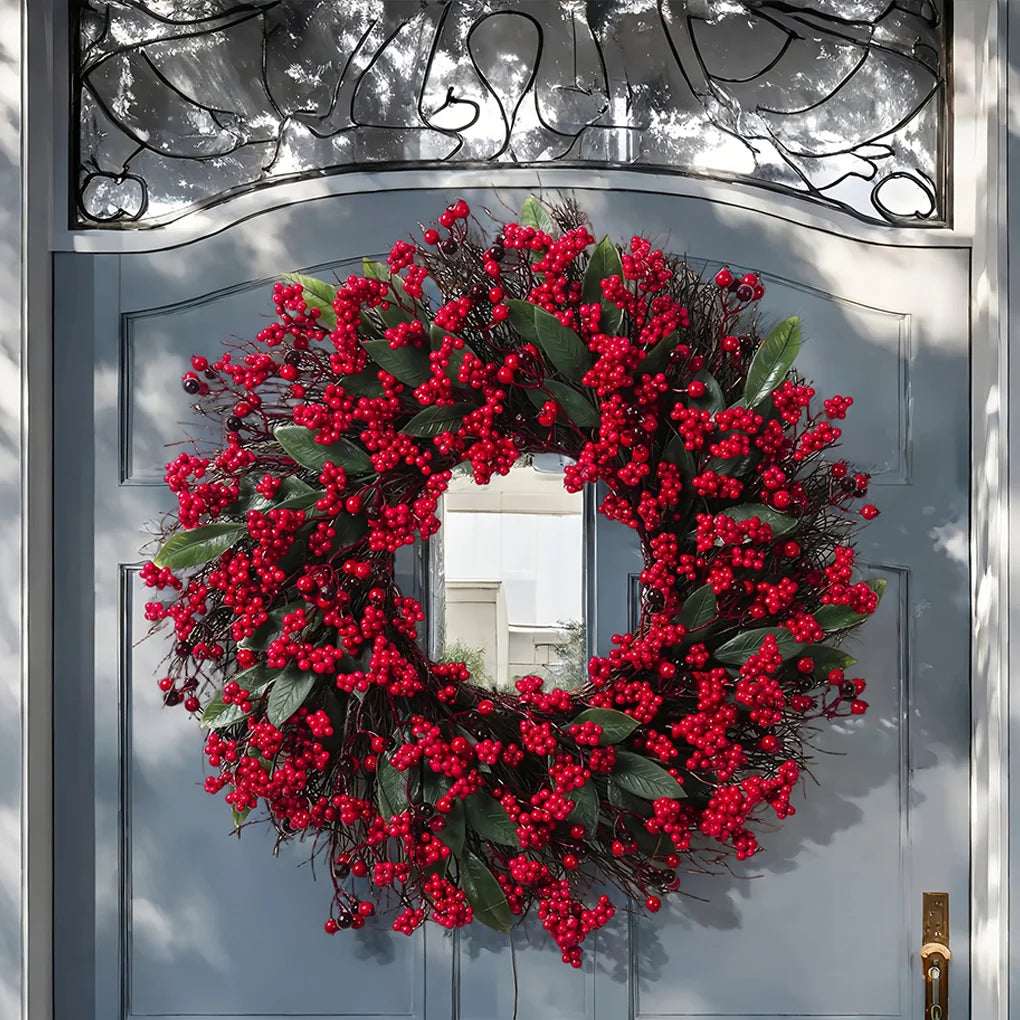 2025 New Christmas Decoration Wreaths for Front Door Handmade Cypress Leaf Red Berry Pine Wreath Xmas Home Wall Window Decor