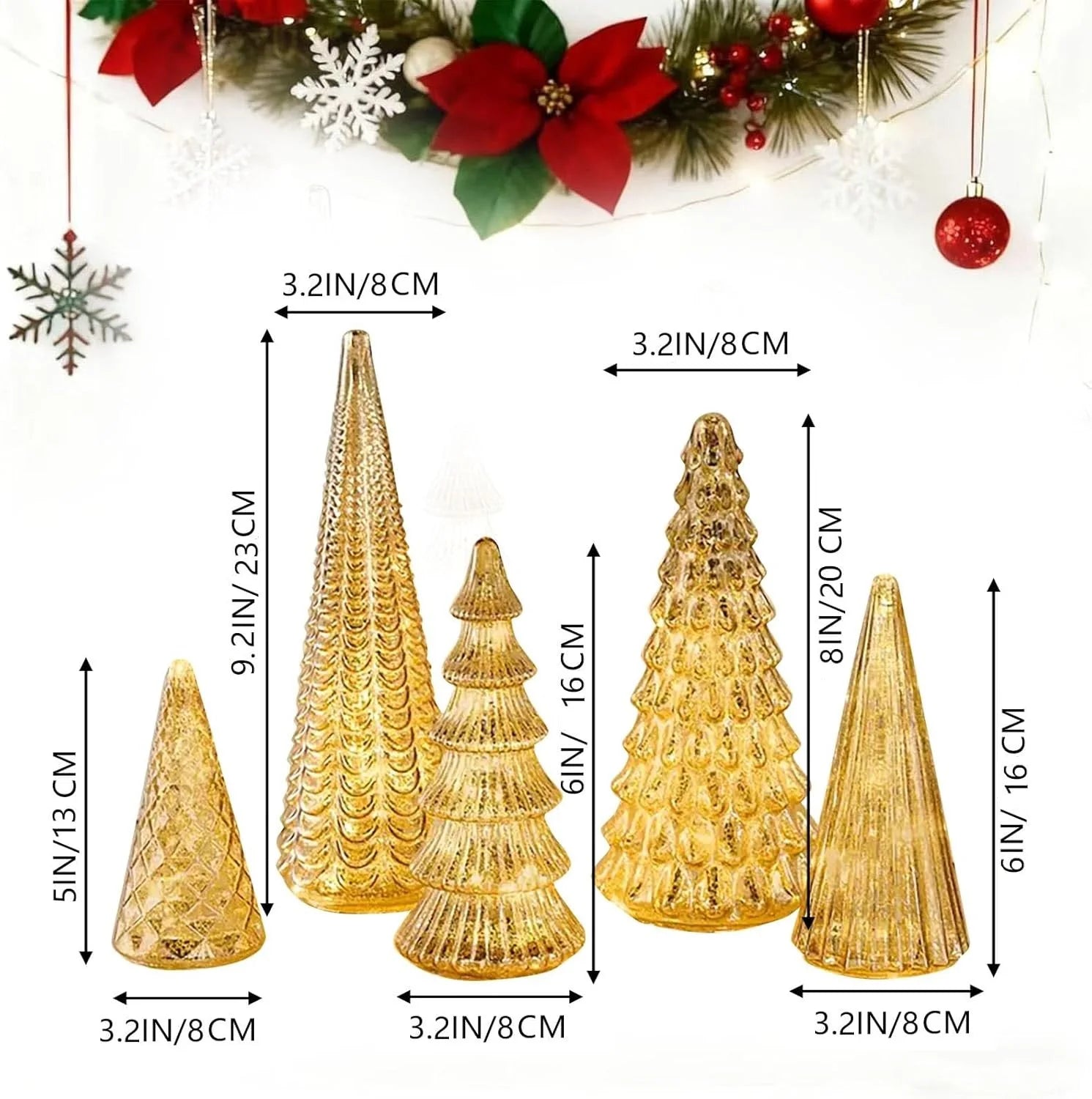 Set of 5 3D Printing Illuminated Trees, Upgrade Christmas Trees LED, Gold Tree Figurine for Home Party Mantel Decor Xmas Gift