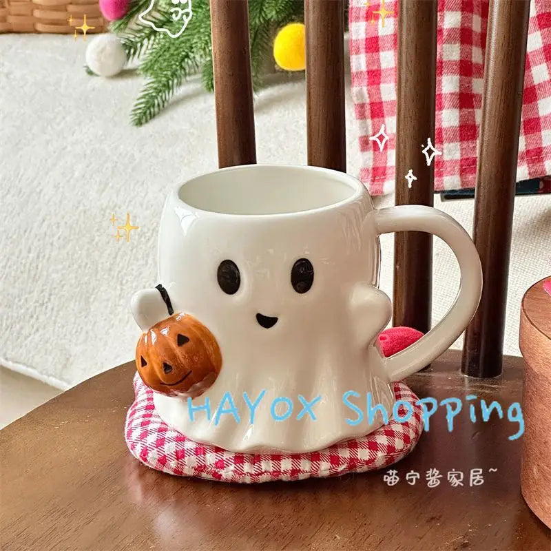 Cute Ghost Water Cup，Creative Pumpkin Ghost Ceramic Mug Afternoon Tea Coffee Cup，Milk Mug Household Drinking Set Halloween Gift