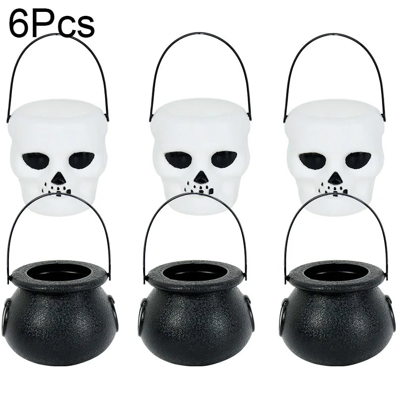 6pcs Halloween Witch Cauldron Candy Jar Trick Or Treat Skull Wizard Pot Cookies Gift Buckets For Kids Halloween Party Home Decor