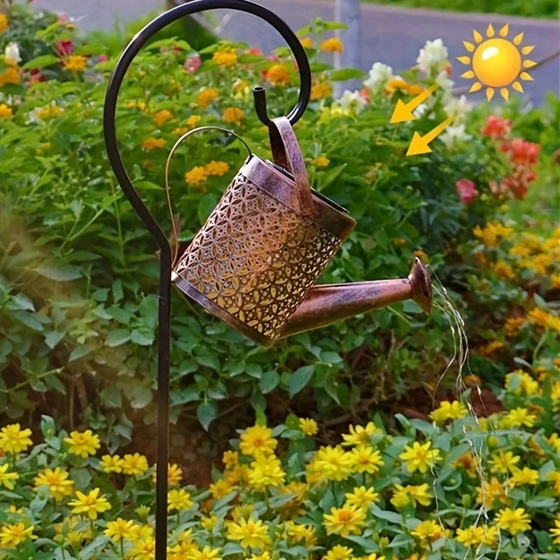 Large Retro Metal Lantern Solar Watering Can Light Outdoor Waterproof Shower Lights Hanging Star LED Fairy for Garden Decoration