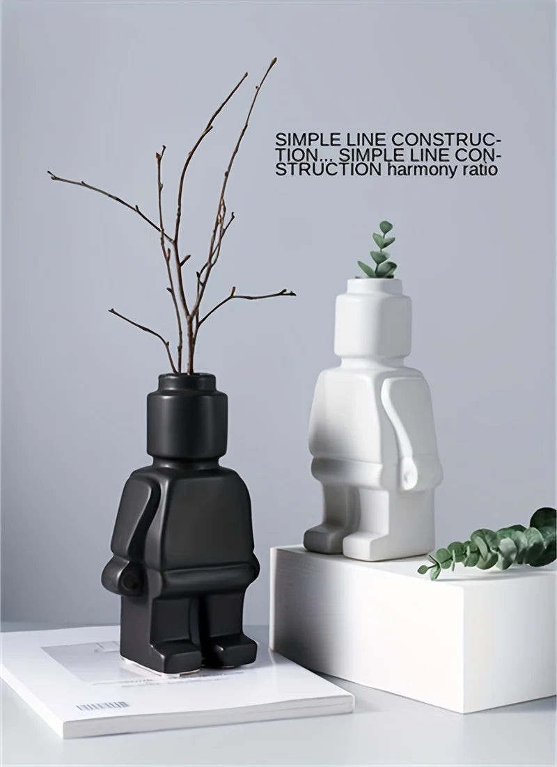Nordic Style Ceramic Robot Vase Indoor Flower Pot Modern Home Interior Decoration White Goods Decoration Office Desk Decoration