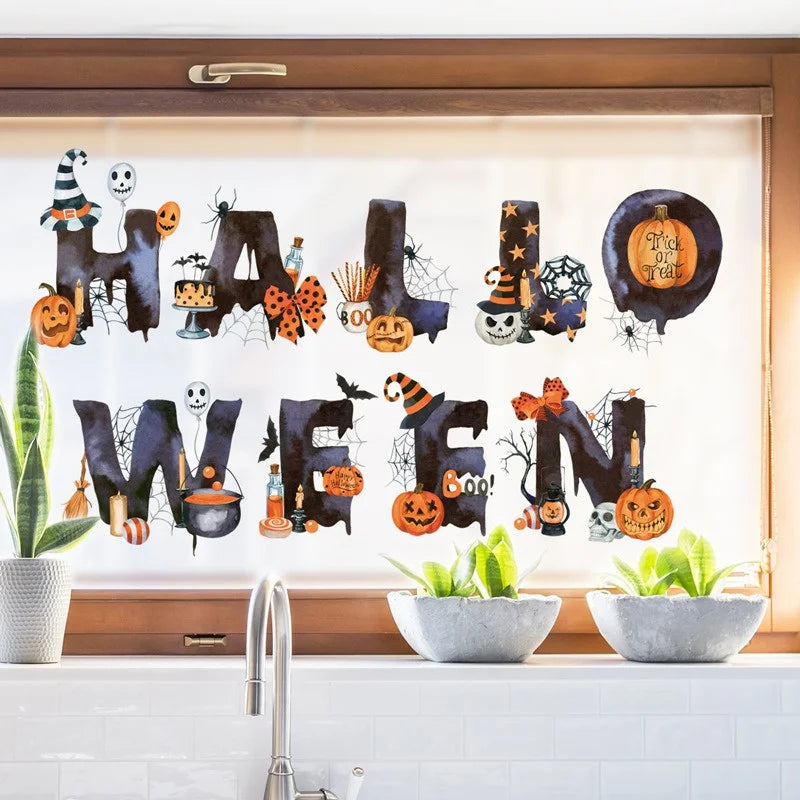 Halloween Letters Wall Stickers Self-adhesive PVC Pumpkin Head Happy Halloween Pattern Wall Decals for Home Festival Decoration