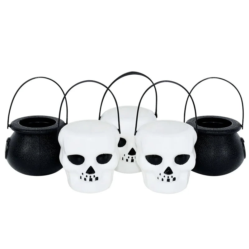 6pcs Halloween Witch Cauldron Candy Jar Trick Or Treat Skull Wizard Pot Cookies Gift Buckets For Kids Halloween Party Home Decor
