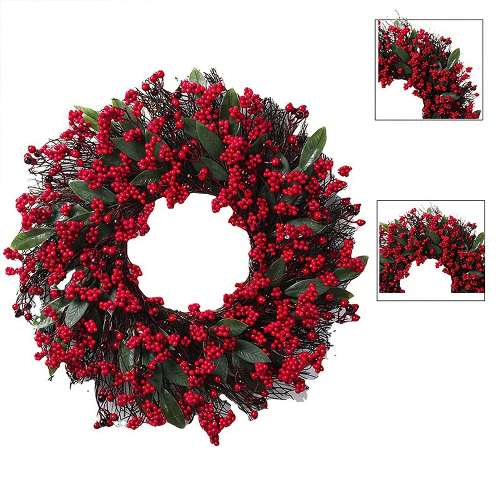 2025 New Christmas Decoration Wreaths for Front Door Handmade Cypress Leaf Red Berry Pine Wreath Xmas Home Wall Window Decor