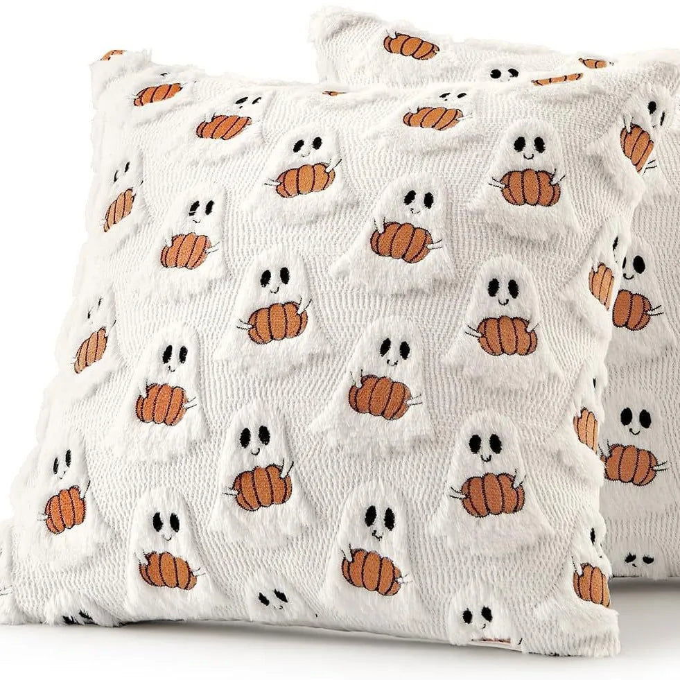 Double Sided 3D Embroidery Halloween Little Devil Holding Pumpkin Pillowcase Plush Cushion Holiday Decor Living Room Sofa Pillow