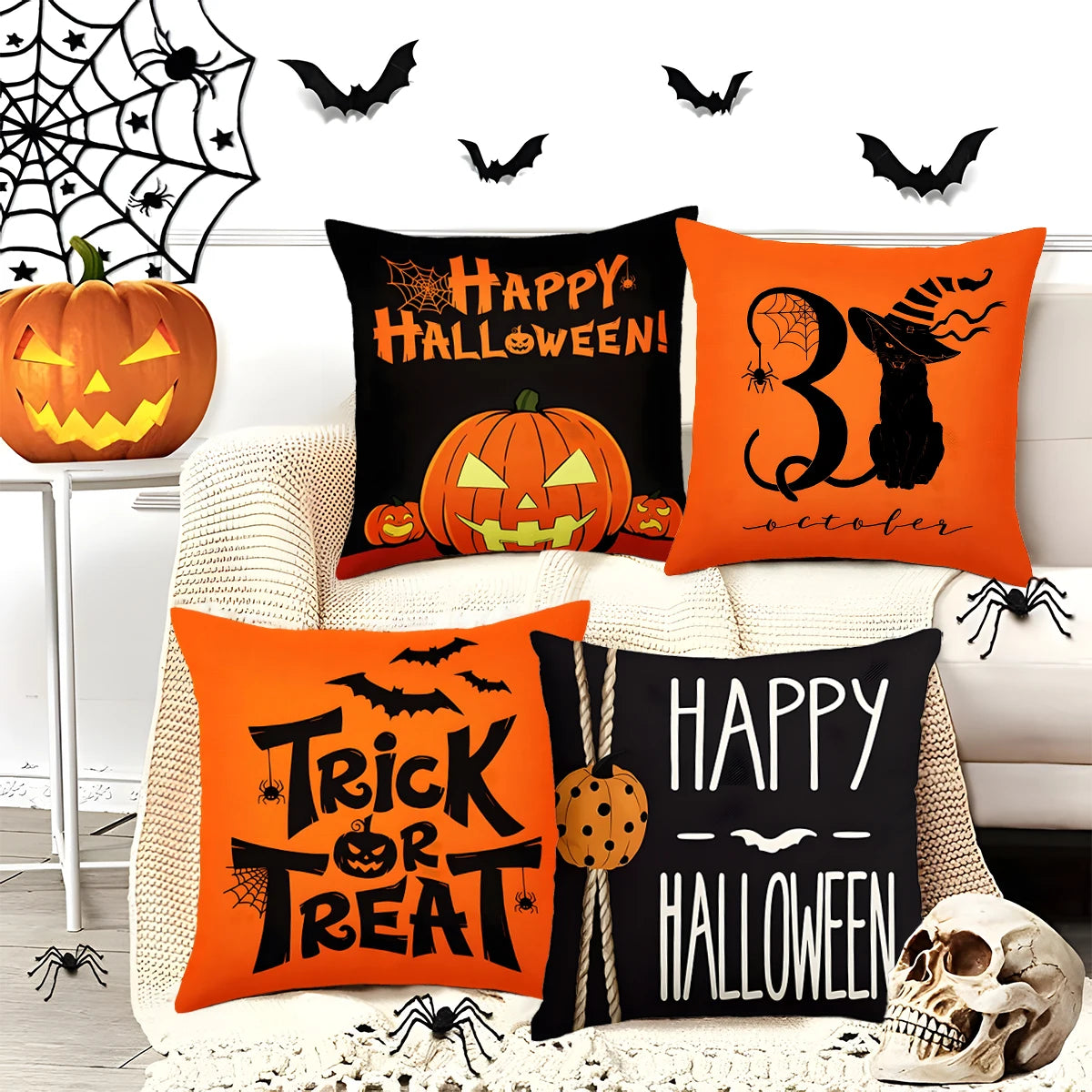 Halloween Linen Cushion Cover Trick or Treat Theme Pillowcase Cartoon Pumpkin Ghost Pillow Cover Halloween Party Decoration 2025