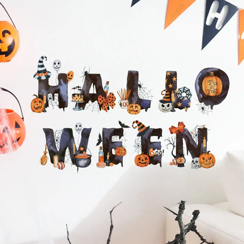 Halloween Letters Wall Stickers Self-adhesive PVC Pumpkin Head Happy Halloween Pattern Wall Decals for Home Festival Decoration