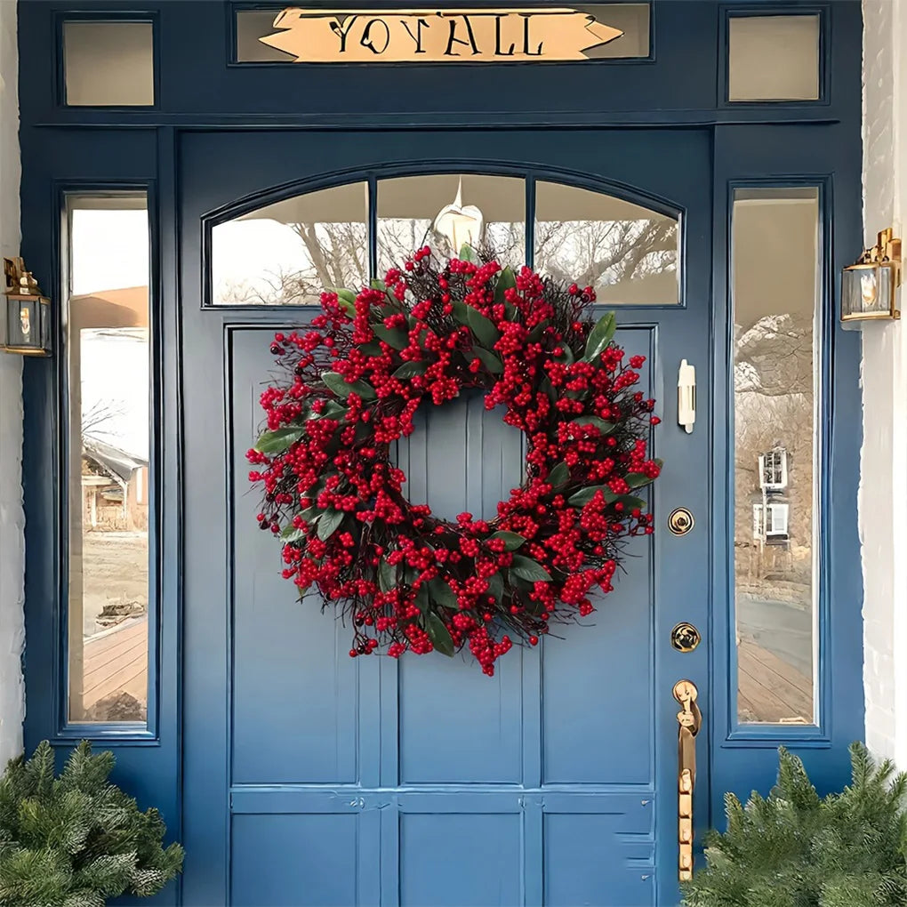 2025 New Christmas Decoration Wreaths for Front Door Handmade Cypress Leaf Red Berry Pine Wreath Xmas Home Wall Window Decor