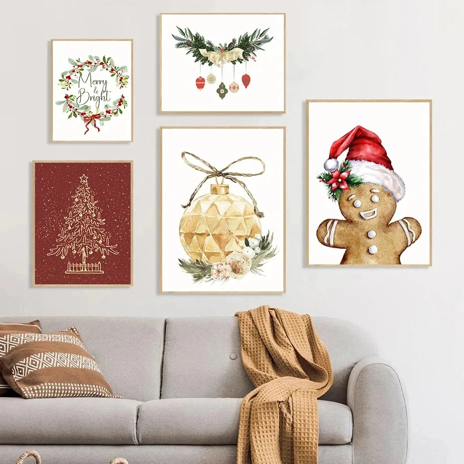 Christmas Blessings Rattan Wreaths Christmas Tree Poster Print Canvas Painting Holiday Wall Art Pictures Home Room Decor