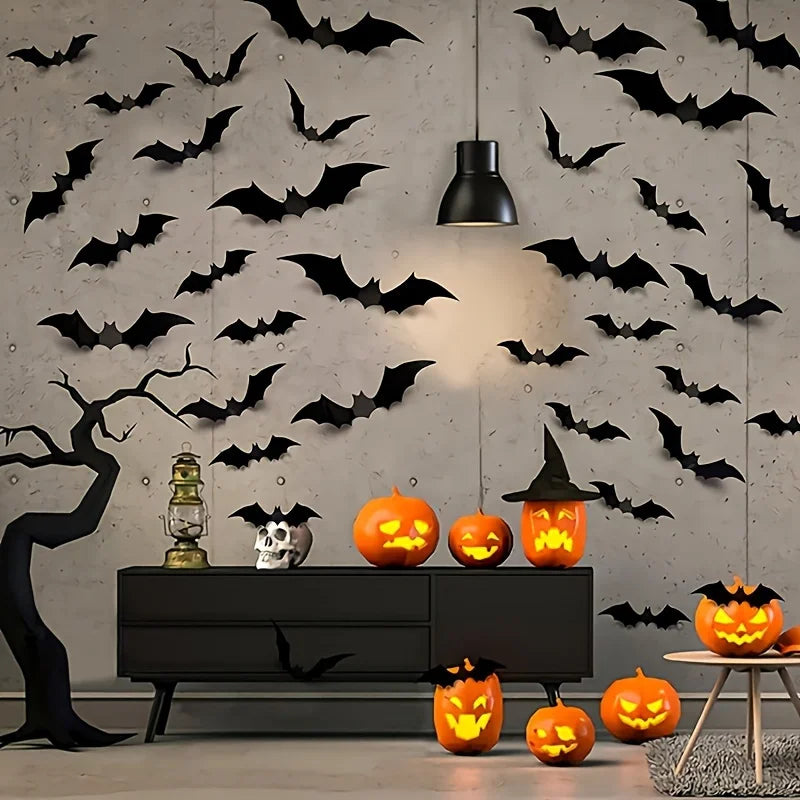 3D Black PVC Bats Wall Decals - Halloween Party Supplies Stick-on Scary Bat Stickers for Home and Bar Room Decor wall stickers