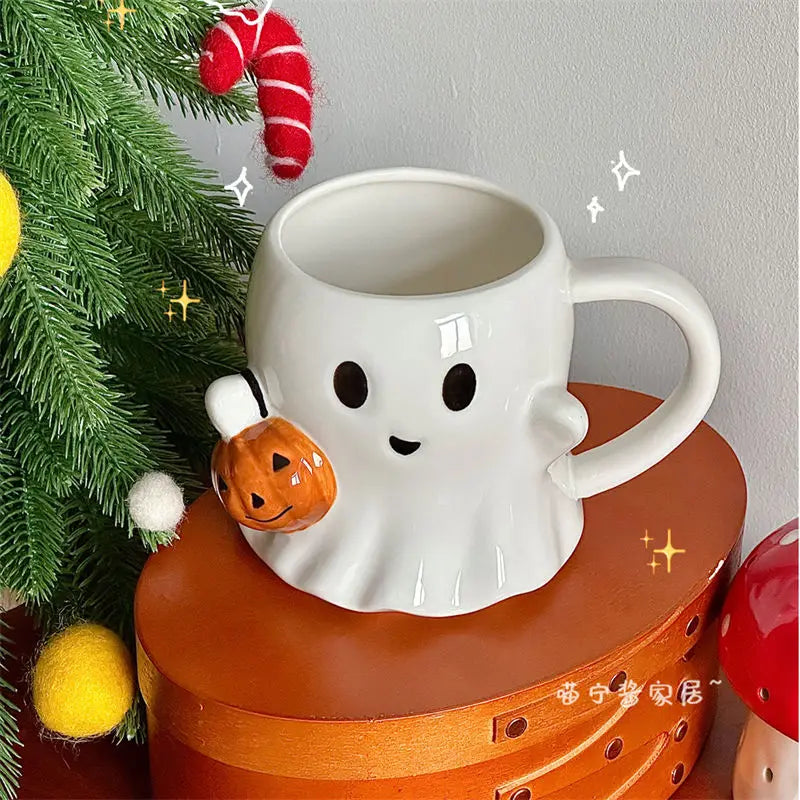 Cute Ghost Water Cup，Creative Pumpkin Ghost Ceramic Mug Afternoon Tea Coffee Cup，Milk Mug Household Drinking Set Halloween Gift