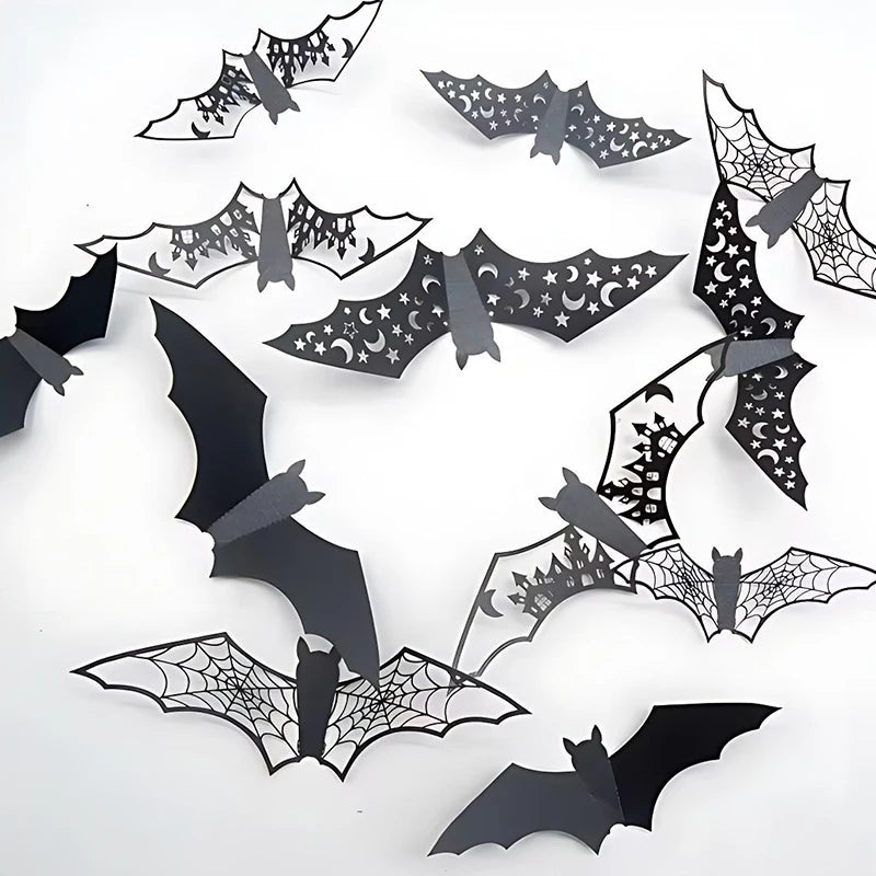 12PCS 3D Bat Wall Stickers Various Size Black Hollow Out Bat Shaped Display Sticker Halloween Festive Atmosphere Decoration ZYF