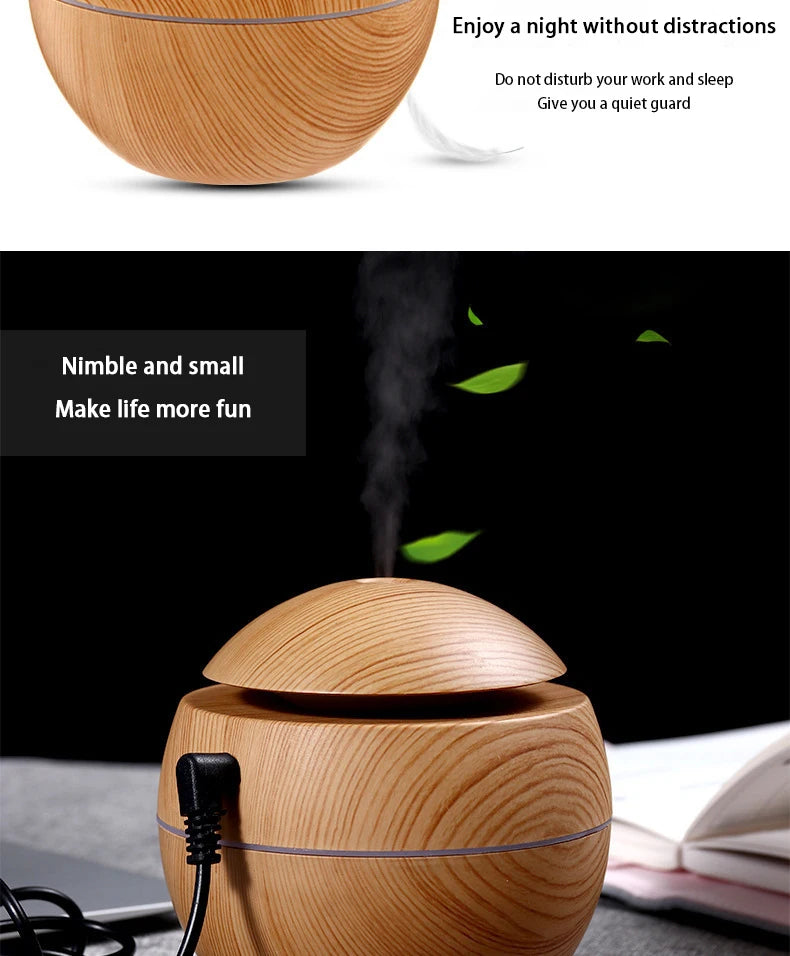200ml USB Small Ball 7 Colorful Light Bass Noise Reduction Mushroom Humidifier Mini Wood Grain Round Hollow Aroma Diffuser